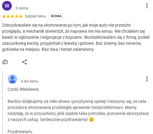 Fragment opinii klienta w Google z oceną gwiazdkową oraz odpowiedzią właściciela wizytówki